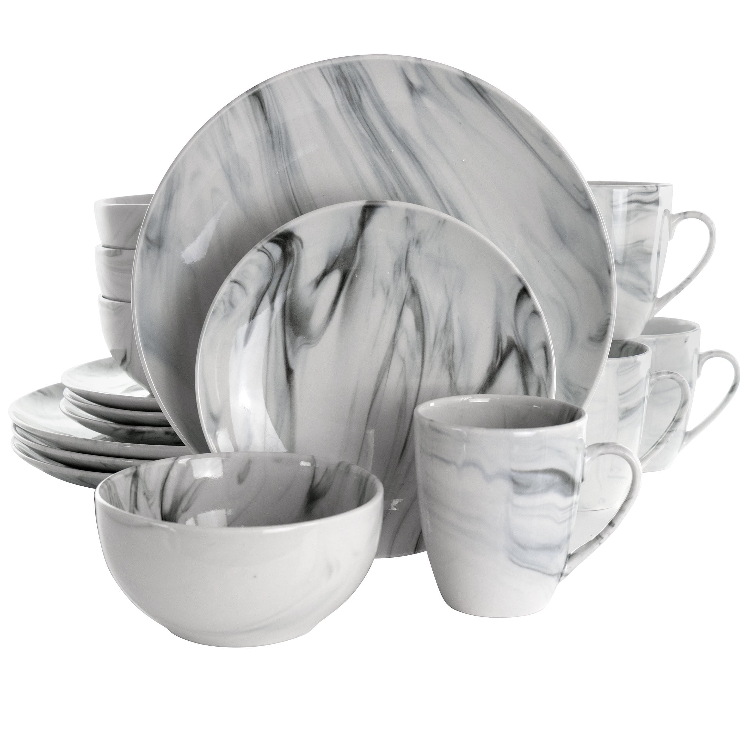 Elama Fine Marble 16 Piece Stoneware Dinnerware Set in Black and White ...